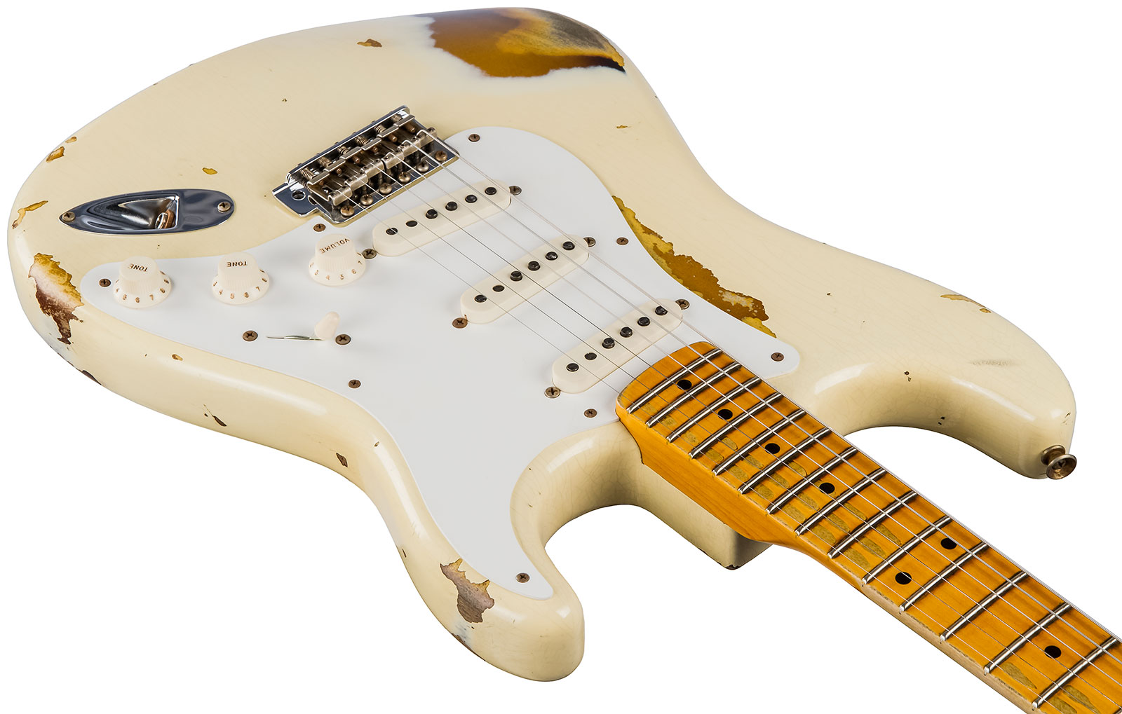 Fender Custom Shop Strat 1956 3s Trem Mn #cz550419 - Heavy Relic Vintage White Over Sunburst - Televorm elektrische gitaar - Variation 2