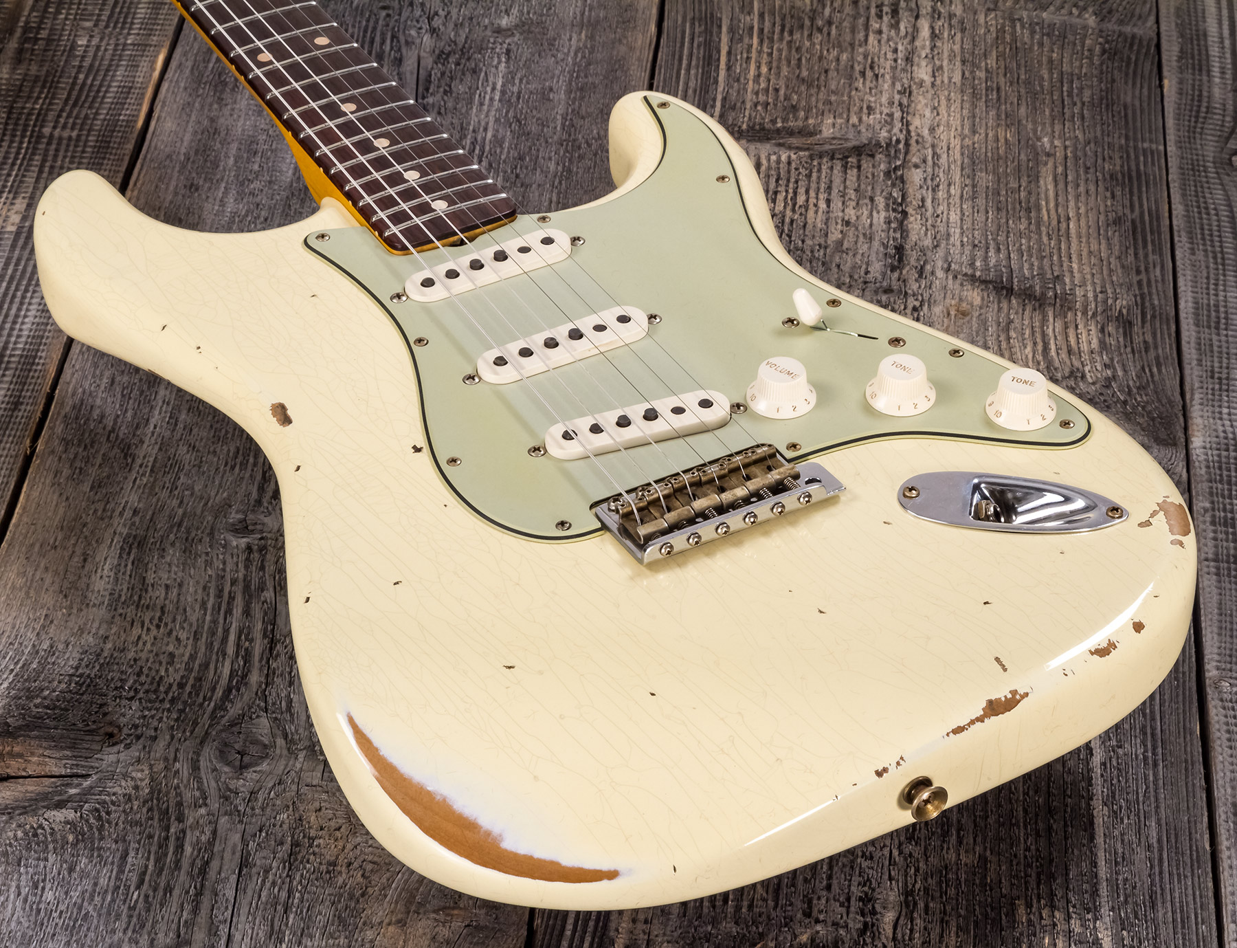 Fender Custom Shop Strat 1959 3s Trem Rw #r117393 - Relic Aged Vintage White - Elektrische gitaar in Str-vorm - Variation 3