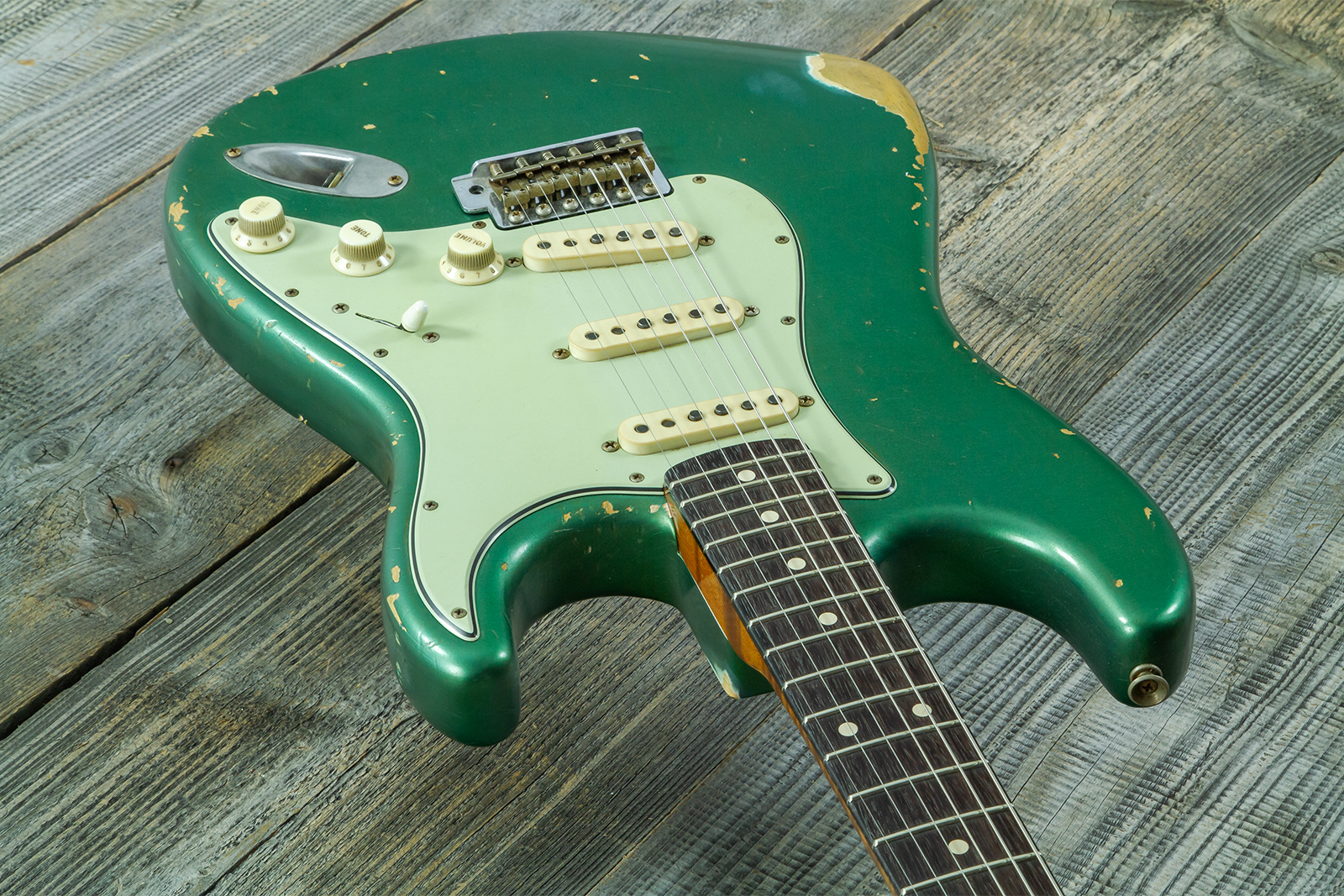 Fender Custom Shop Strat 1960/63 Mb A.macnutt 3s Trem Rw #r141359 - Relic Sherwood Green Metallic - Elektrische gitaar in Strat vorm - Variation 2