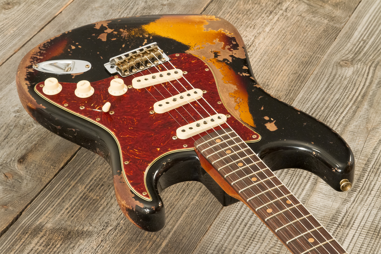 Fender Custom Shop Strat 1960 Roasted 3s Trem Rw #cz581166 - Super Heavy Relic Black O. 2-color Sunburst - Elektrische gitaar in Strat vorm - Variatio