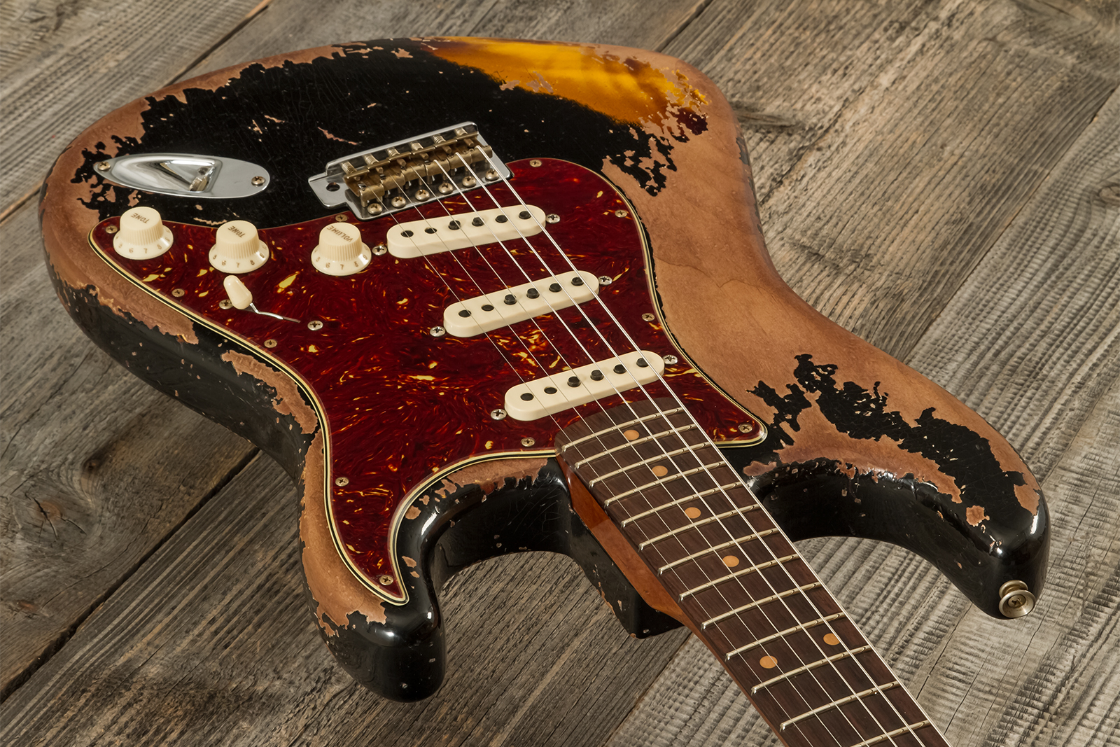 Fender Custom Shop Strat 1960 Roasted 3s Trem Rw #cz581210 - Super Heavy Relic Black O. 2-color Sunburst - Elektrische gitaar in Strat vorm - Variatio