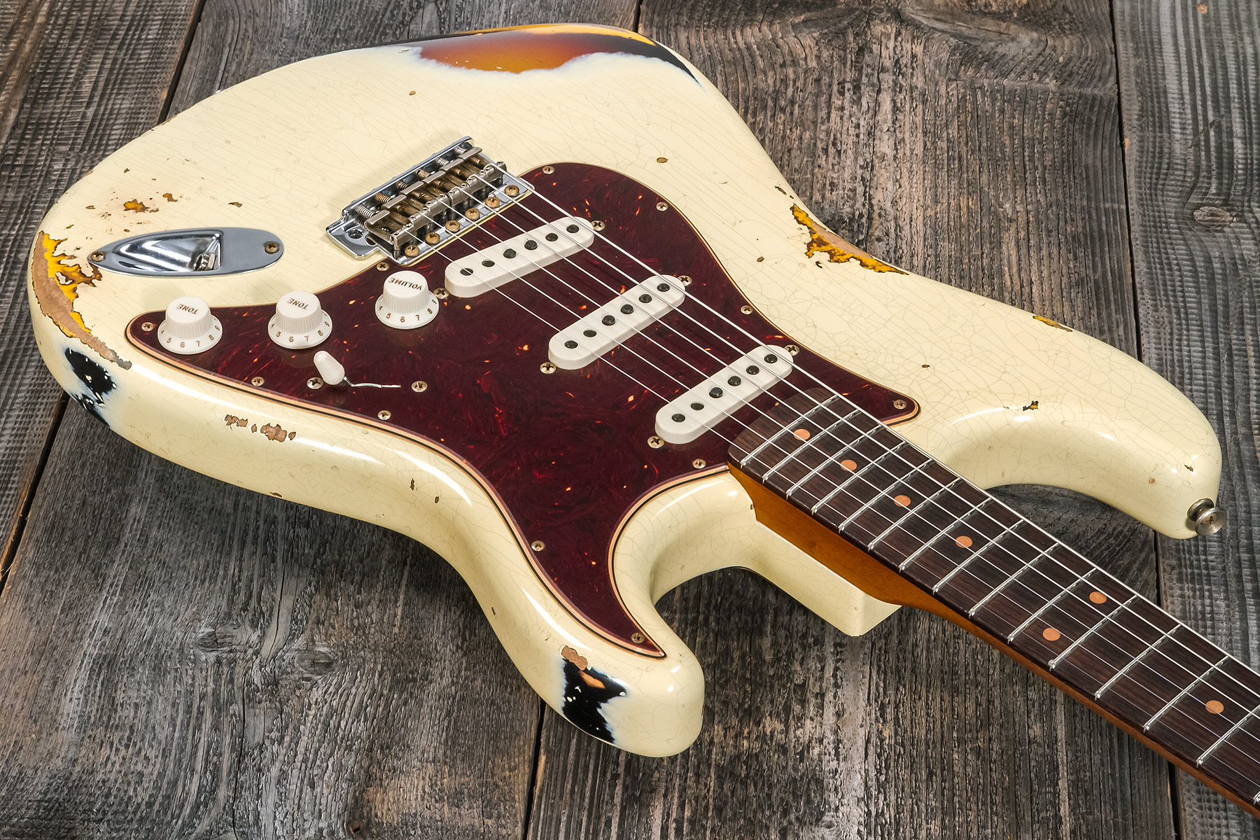 Fender Custom Shop Strat 1961 3s Trem Rw #cz563376 - Heavy Relic Vintage White/3-color Sunburst - Elektrische gitaar in Str-vorm - Variation 2