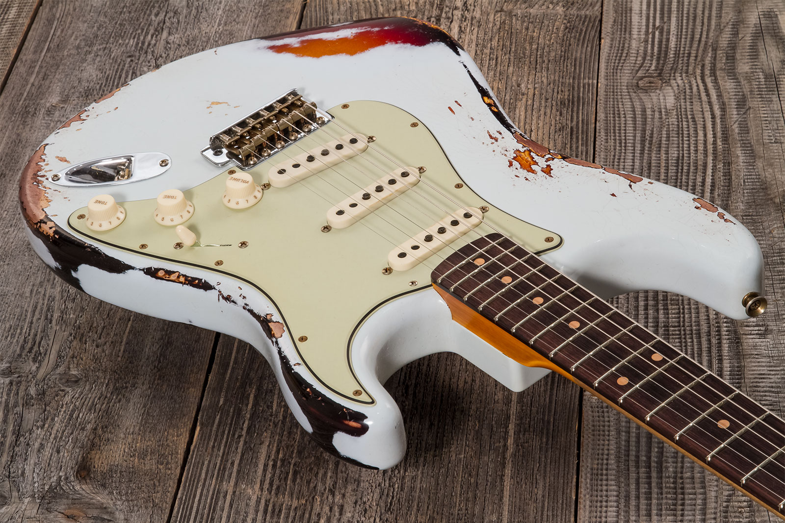 Fender Custom Shop Strat 1961 3s Trem Rw #cz573714 - Heavy Relic Aged Sonic Blue O. 3-color Sunburst - Elektrische gitaar in Str-vorm - Variation 1