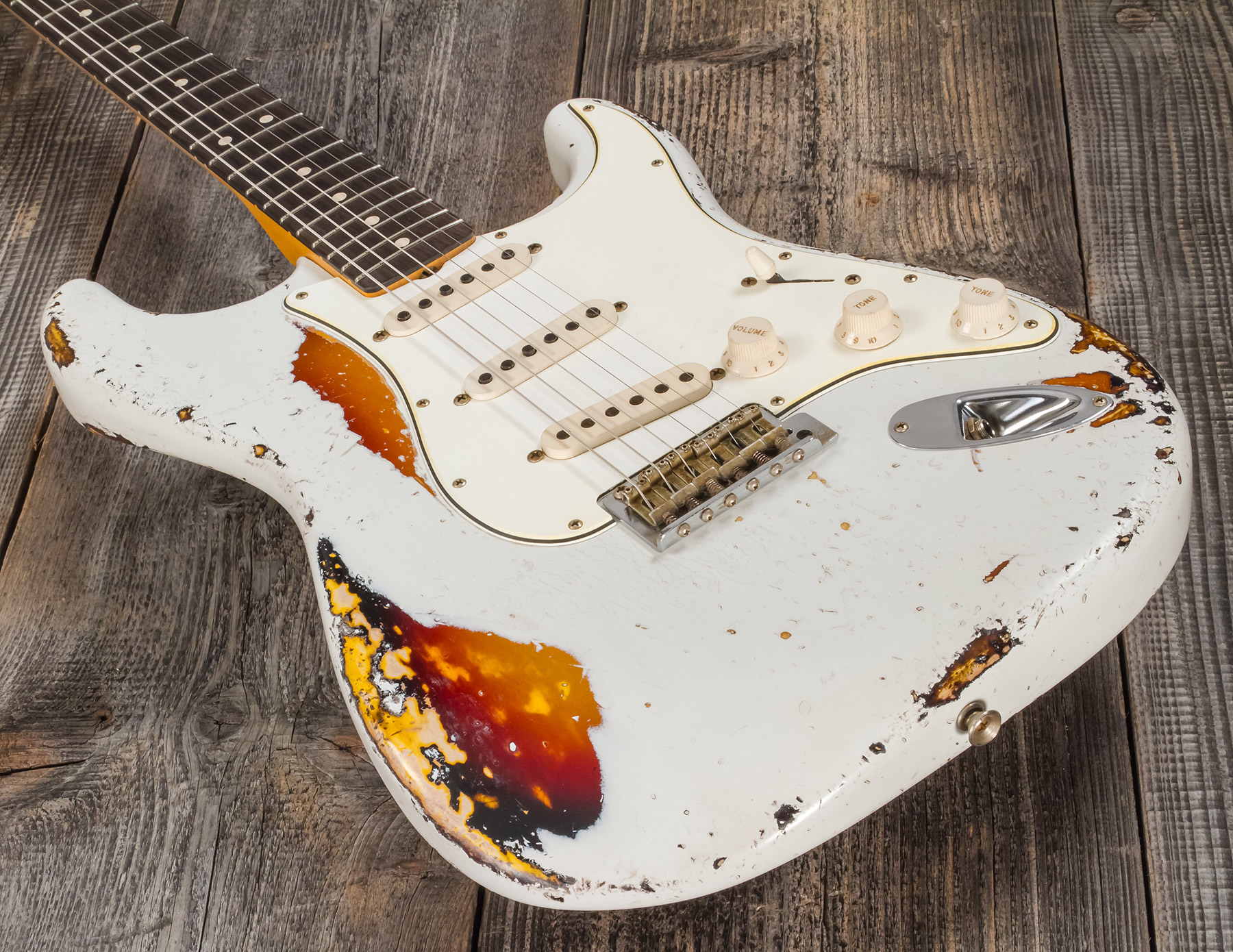 Fender Custom Shop Strat 1963 Masterbuilt K.mcmillin Bla #r117544 - Ultimate Relic Olympic White/3-color Sunburst - Elektrische gitaar in Str-vorm - V