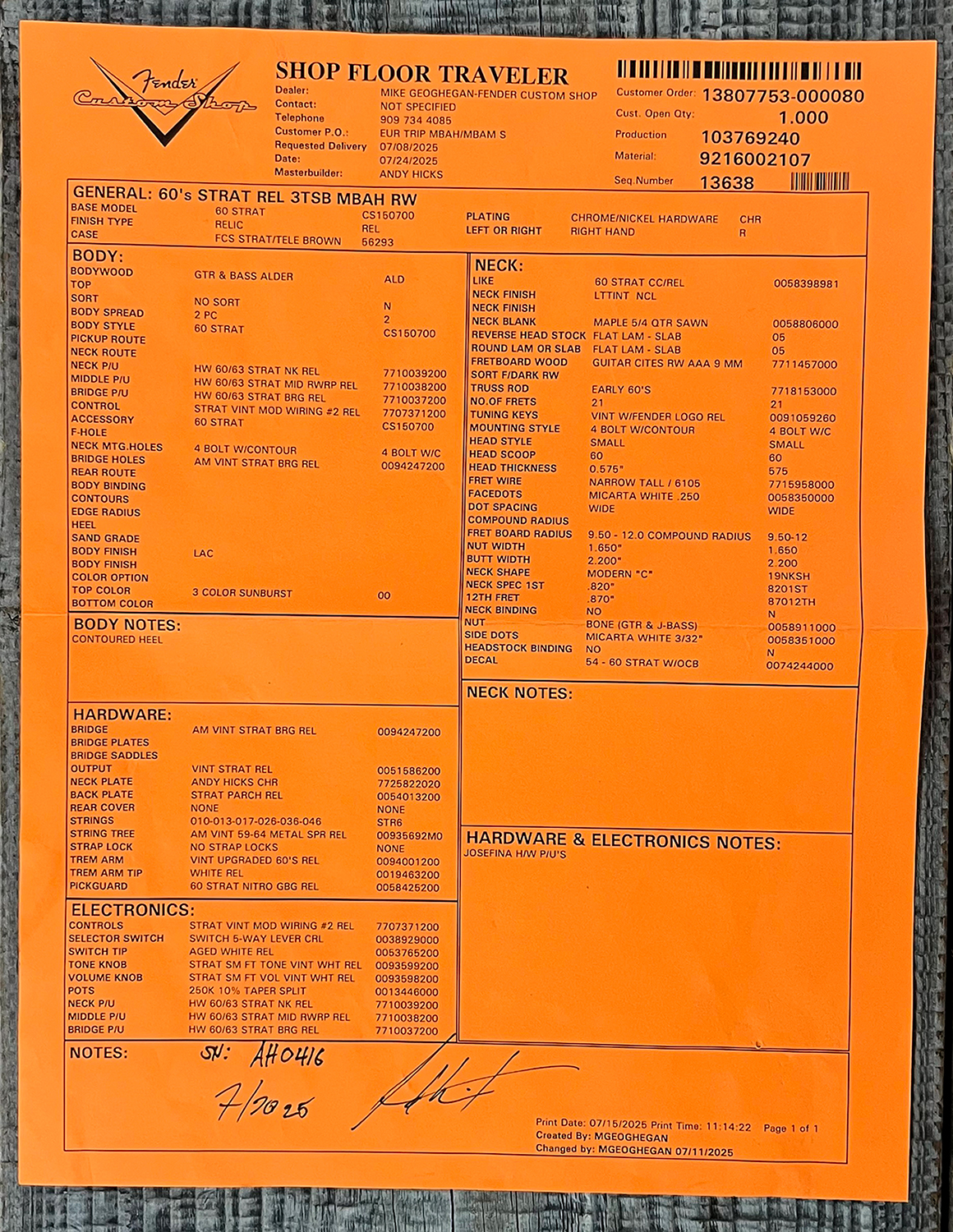 Fender Custom Shop Strat 60s Mb A.hicks 3s Trem Rw #4681 #ah0416 - Relic 3-color Sunburst - Elektrische gitaar in Strat vorm - Variation 13