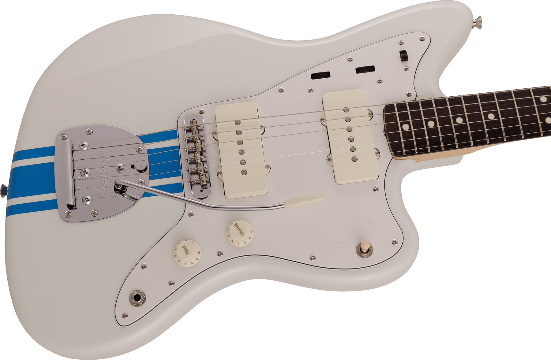 Fender Jazzmaster Traditional 60s Mij Jap 2s Trem Rw - Olympic White W/ Blue Competition Stripe - Retro-rock elektrische gitaar - Variation 2