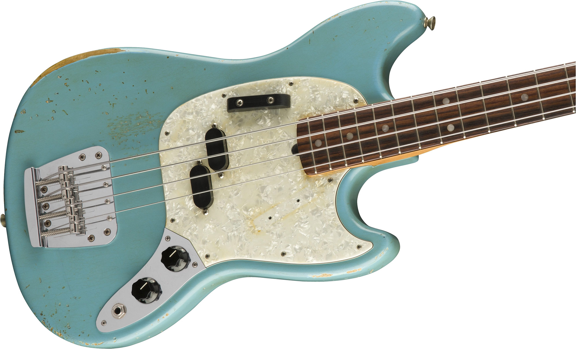 Fender Justin Meldal-johnsen Jmj Mustang Bass Road Worn Mex Rw - Faded Daphne Blue - Short scale elektrische bas - Variation 2