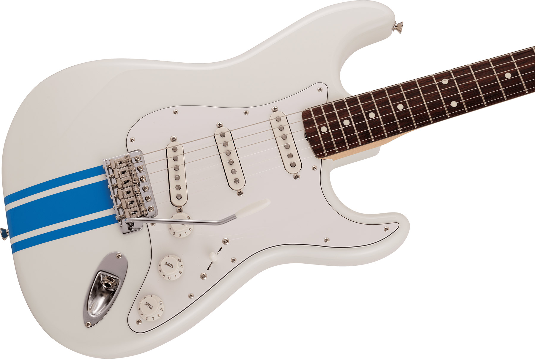 Fender Strat Traditional 60s Mij Jap 3s Trem Rw - Olympic White W/ Blue Competition Stripe - Elektrische gitaar in Str-vorm - Variation 2