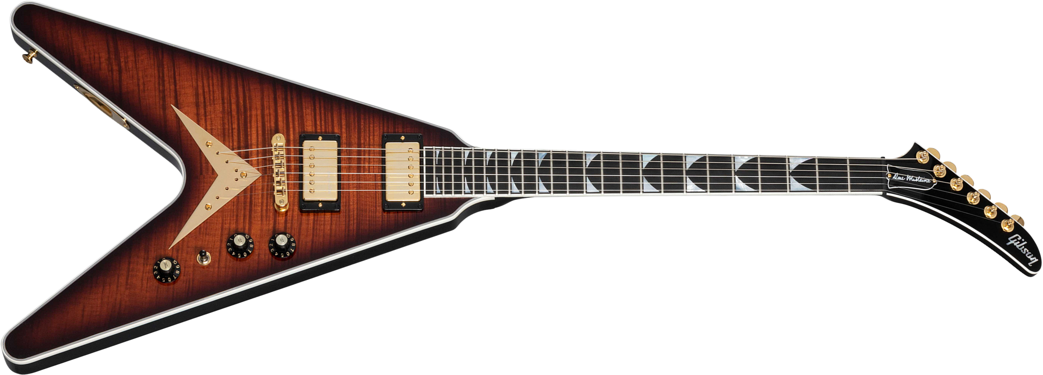 Gibson Custom Shop Dave Mustaine Flying V Exp Ltd Signature 2h Ht Eb - Red Amber Burst - Metalen elektrische gitaar - Main picture