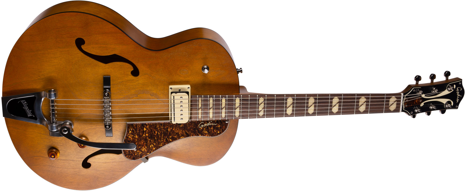 Godin 5th Avenue Jumbo P-rail 1h 1s P90 Bigsby Rw - Harvest Gold Semi-gloss - Hollow bodytock elektrische gitaar - Variation 1