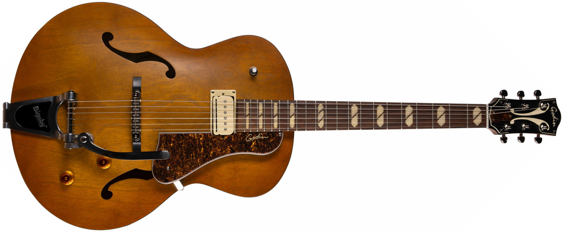 Godin 5th Avenue Jumbo P-rail 1h 1s P90 Bigsby Rw - Harvest Gold Semi-gloss - Hollow bodytock elektrische gitaar - Main picture