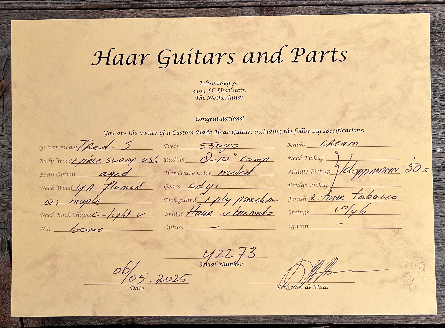Haar Guitars Trad S 3s Kloppman Trem Mn #42273 - Aged 2-tone Tobacco - Elektrische gitaar in Strat vorm - Variation 11
