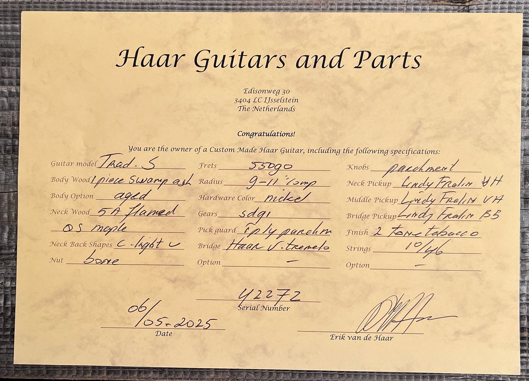 Haar Guitars Trad S 3s Lindy Fralin Trem Mn #42272 - Aged 2-tone Tobacco - Elektrische gitaar in Str-vorm - Variation 13