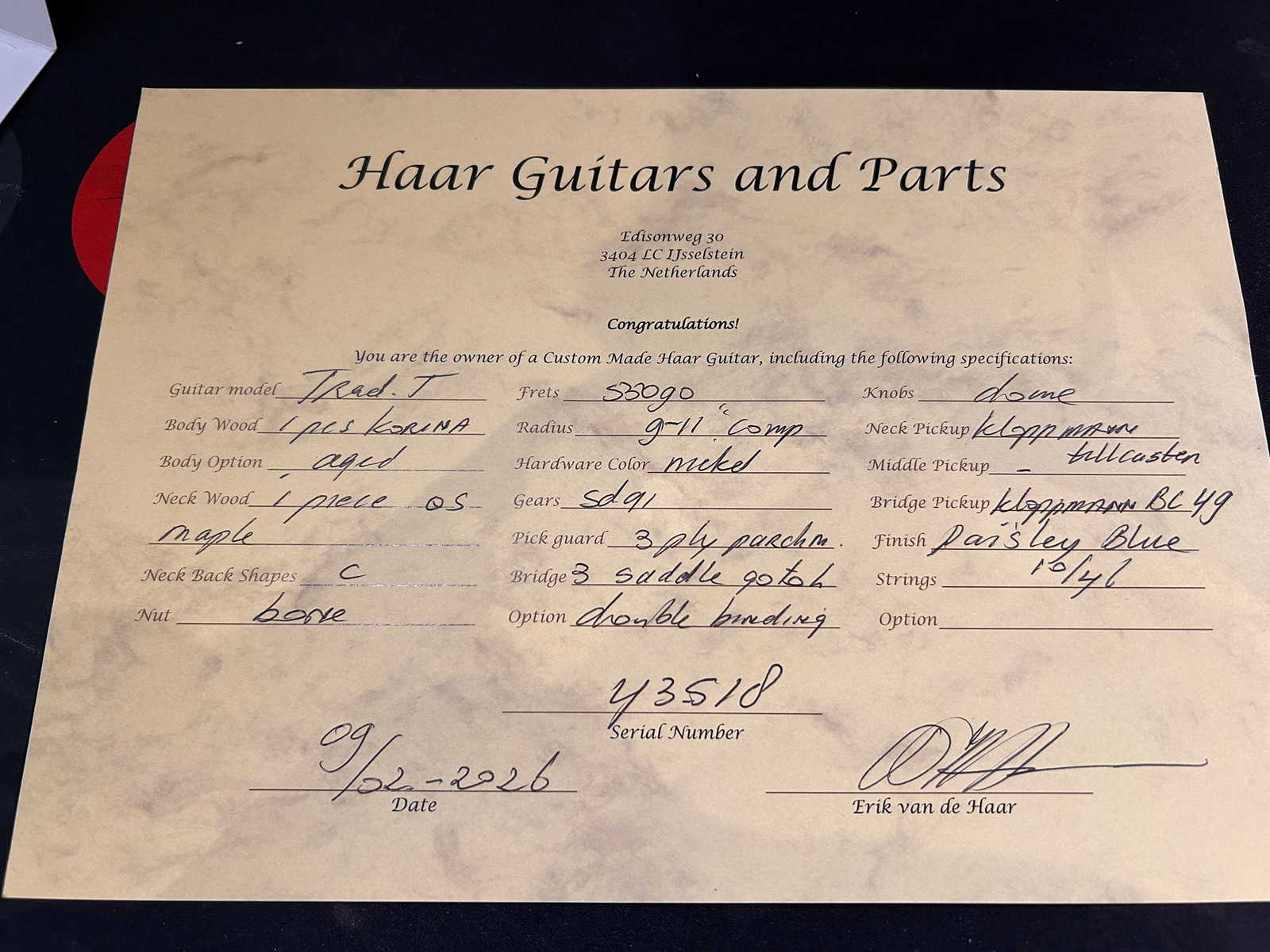 Haar Guitars Trad T Custom 2s Kloppmann Mn  #43518 - Aged Paisley Blue - Televorm elektrische gitaar - Variation 12