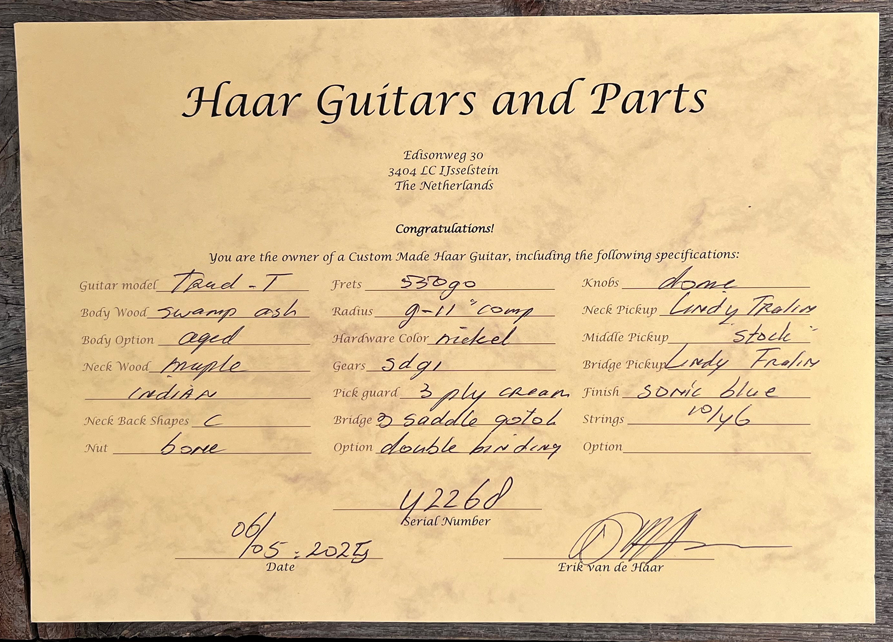 Haar Guitars Trad T Custom 2s Lindy Fralin Ht Rw #42268 - Aged Sonic Blue - Televorm elektrische gitaar - Variation 10