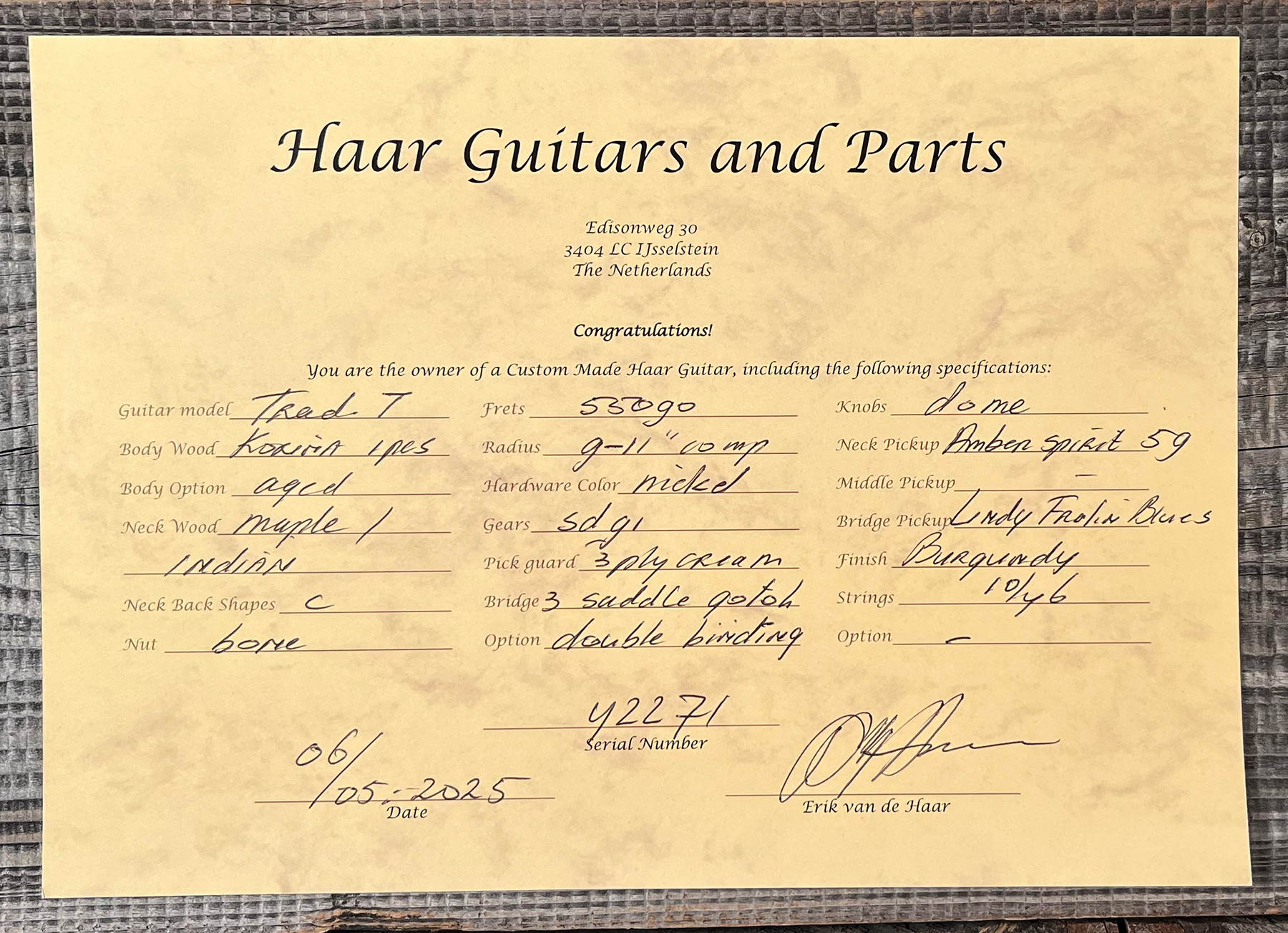 Haar Guitars Trad T Custom Sh Lindy Fralin Ht Rw #42271 - Aged Burgundy - Televorm elektrische gitaar - Variation 13