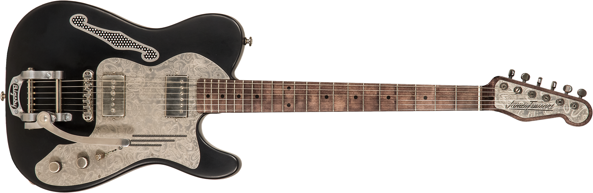 James Trussart Deluxe Steelcaster Perf.back P90h Bigsby Mn #21132 - Antique Silver Paisley Engraved Satin Black - Televorm elektrische gitaar - Main p