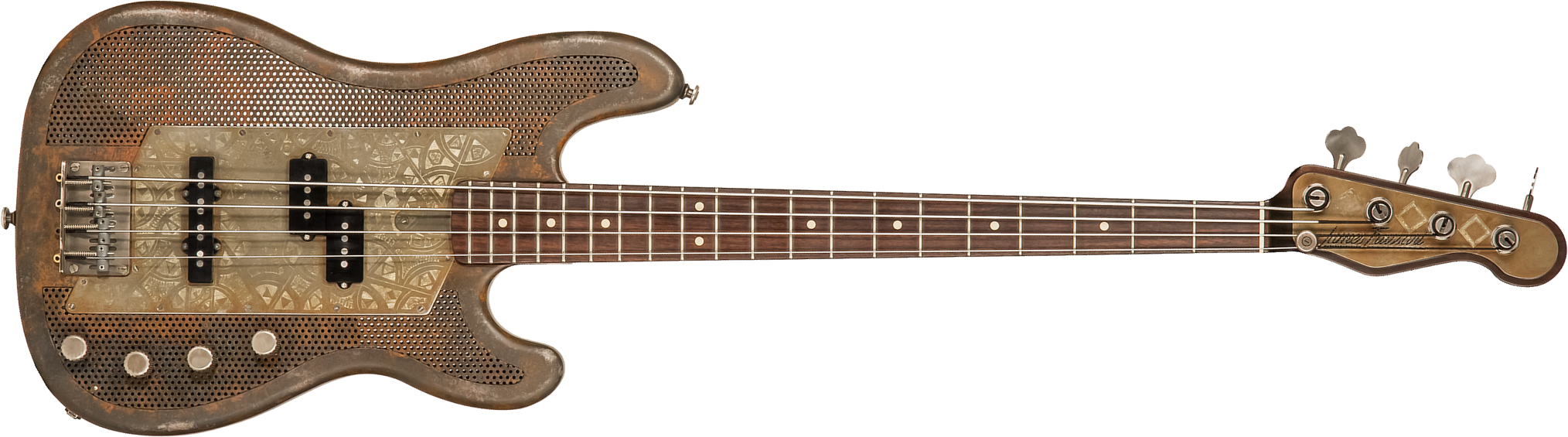 James Trussart Steelcaster Bass Perforated Active Pf #19045 - Rust O Matic African Engraved - Solid body elektrische bas - Main picture