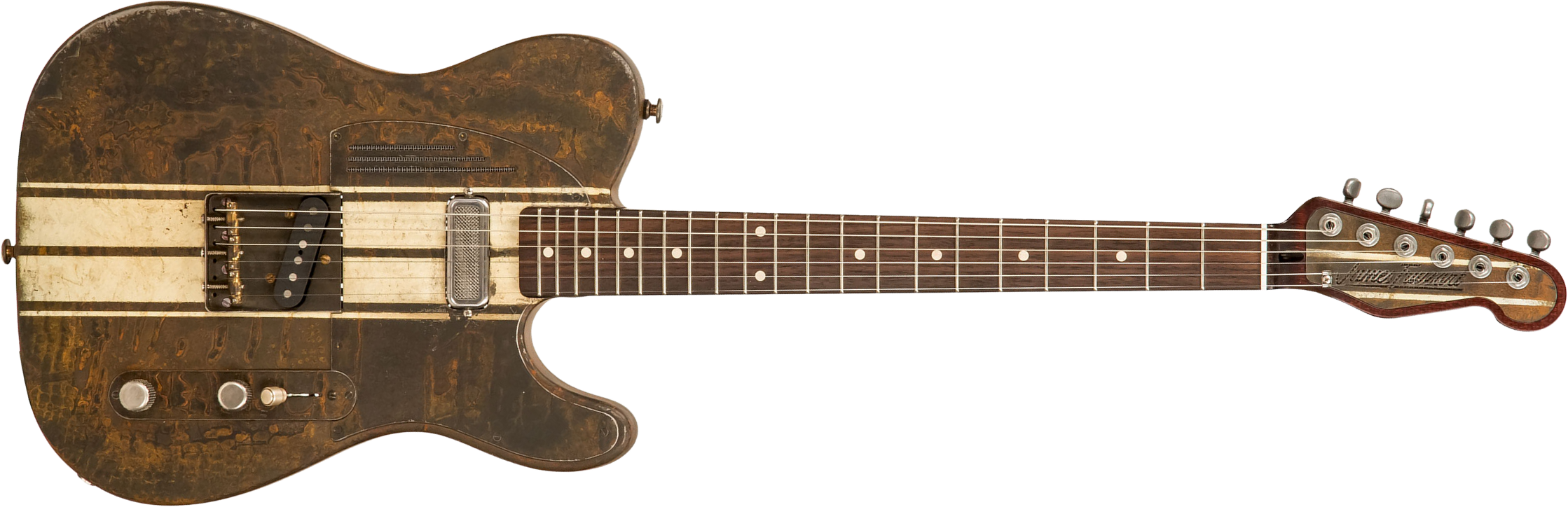 James Trussart Steelcaster Deluxe Perf. Back 2s Pf #20033 - Rust O Matic Cream Racing Stripes - Televorm elektrische gitaar - Main picture