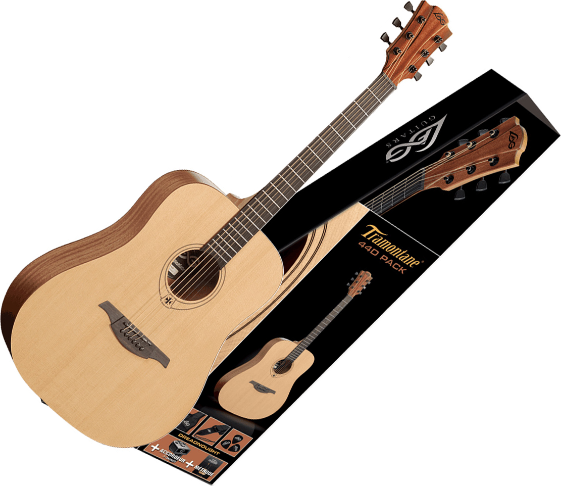 Lag T44d-pack Tramontane Dreadnought Epicea Acajou - Naturel Satin - Western gitaar set - Main picture