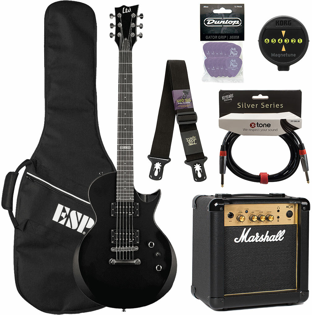 Ltd Ec-10 Kit Pack +marshall Mg10g +magnetune +x2002-3m +polylock Black - Black - Elektrische gitaar set - Main picture