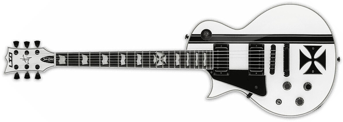 Ltd James Hetfield Iron Cross Lh Gaucher Hh Emg Ht Eb - Snow White W/ Black Stripes - Linkshandige elektrische gitaar - Main picture