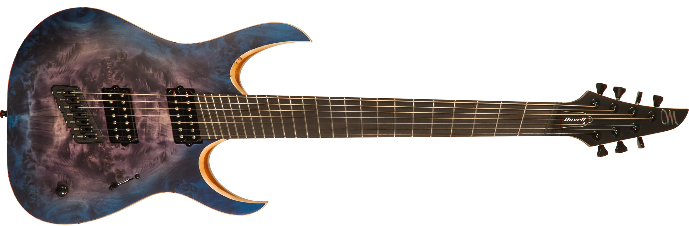Mayones Guitars Duvell Elite V-frets 7c Hh Bare Knuckle Ht Eb - Jeans Black 3-tone Blue Burst Satin - Multi-scale gitaar - Main picture