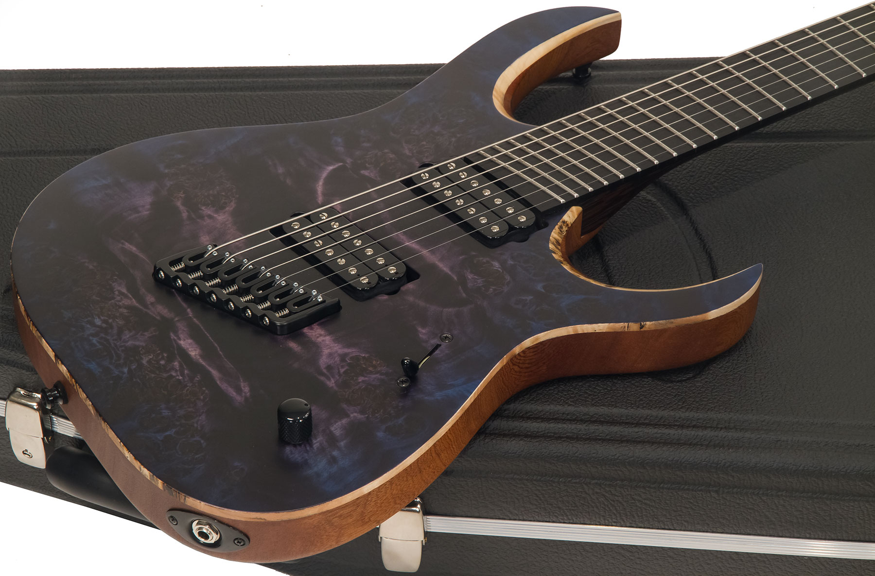 Mayones Guitars Duvell Elite V-frets 7c Multiscale 2h Bare Knuckle Ht Eb - Dirty Purple Blue Burst - Multi-scale gitaar - Variation 1