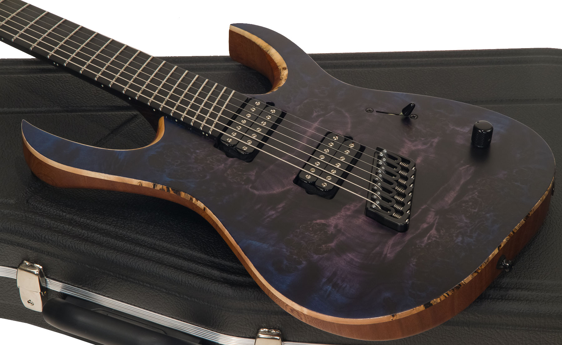 Mayones Guitars Duvell Elite V-frets 7c Multiscale 2h Bare Knuckle Ht Eb - Dirty Purple Blue Burst - Multi-scale gitaar - Variation 2