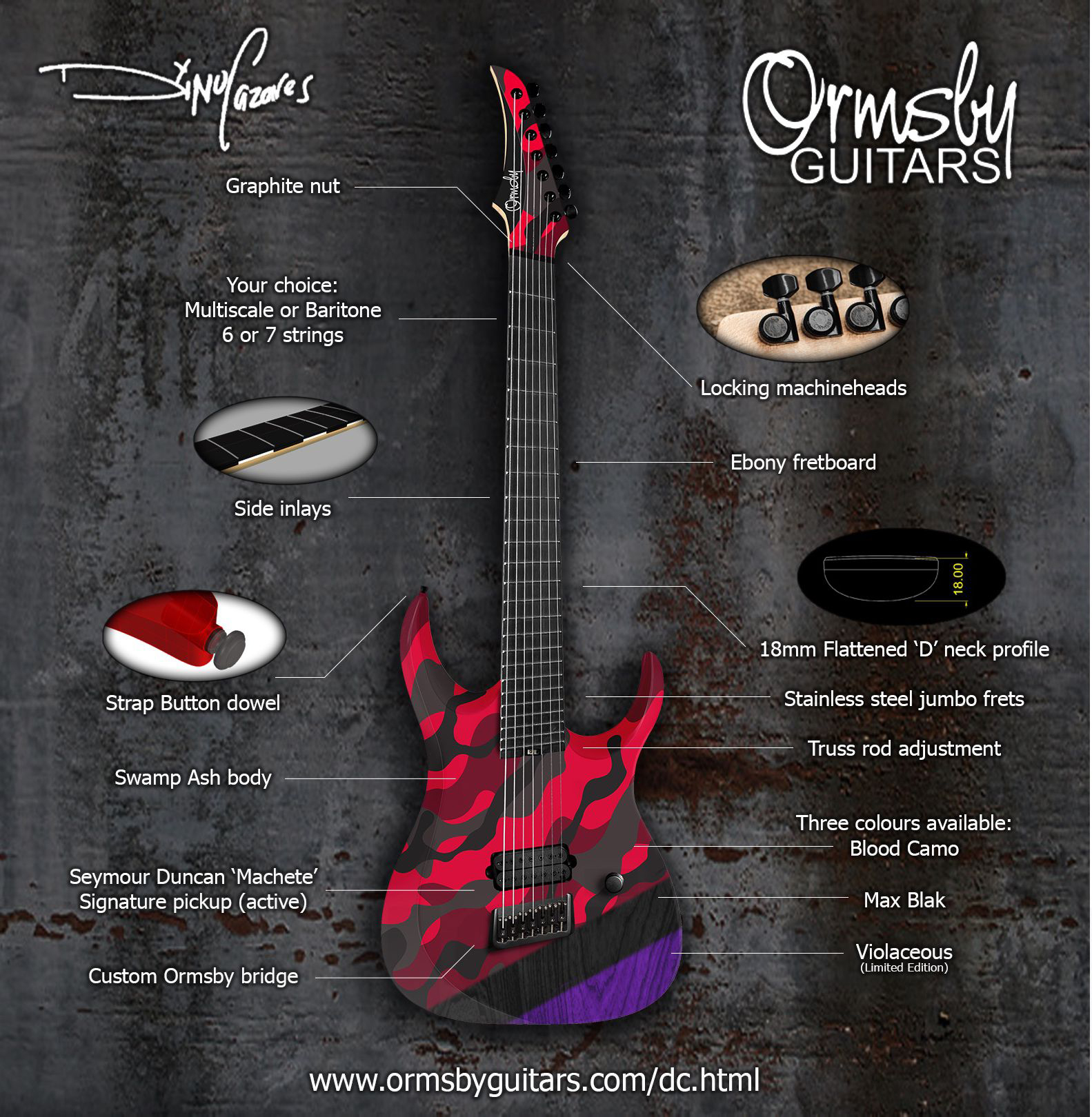 Ormsby Dino Cazares Dc Gtr 7c Signature Baritone H Seymour Duncan Ht Eb - Red Camo - 7-snarige elektrische gitaar - Variation 5
