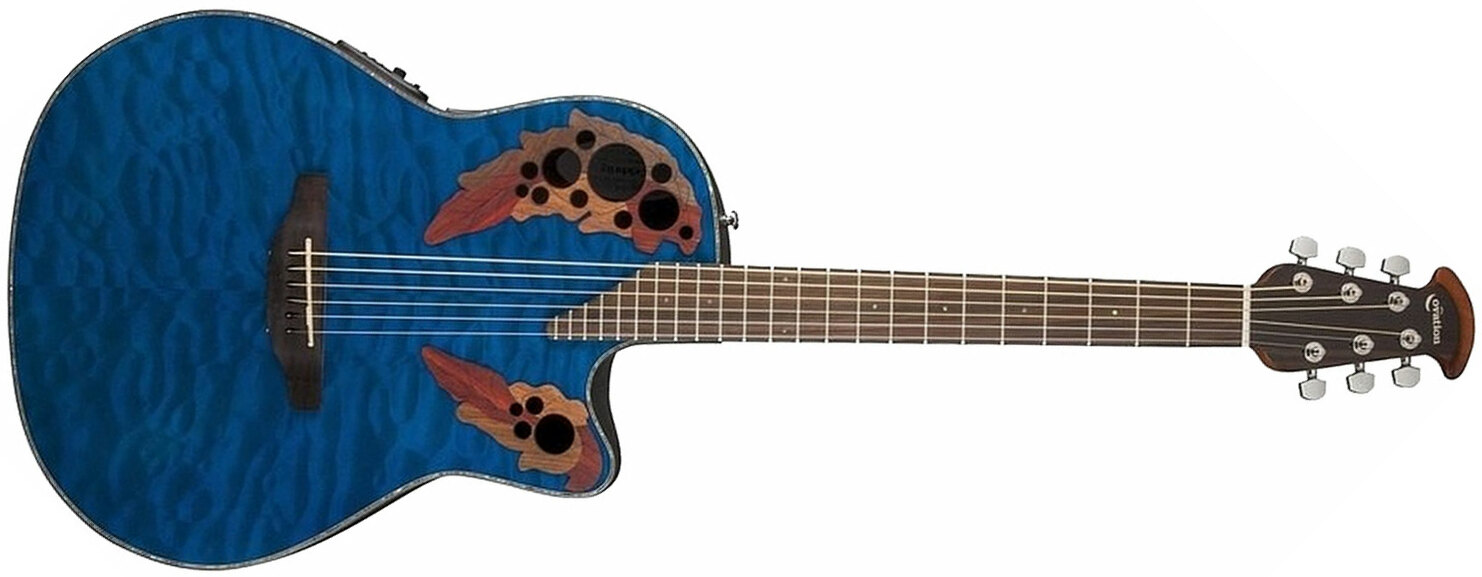 Ovation Ce44p-8tq Celebrity Elite Plus Mid Depth Cw Erable Lyrachord Rw - Trans Blue - Elektro-akoestische gitaar - Main picture