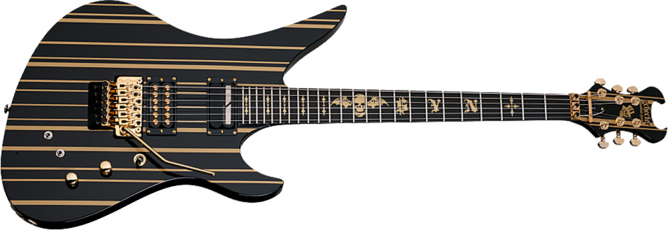 Schecter Synyster Custom-s 2h Seymour Duncan Sustainiac Fr Eb - Black W/ Gold Stripes - Kenmerkende elektrische gitaar - Main picture