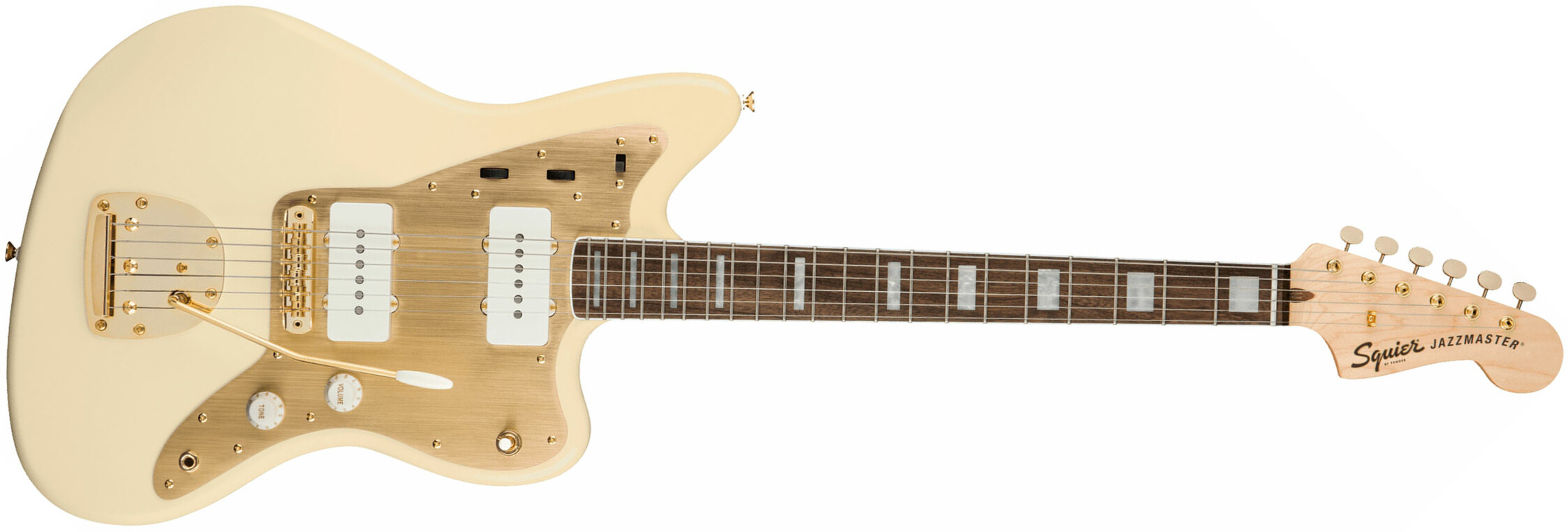 Squier Jazzmaster 40th Anniversary Gold Edition Lau - Olympic White - Retro-rock elektrische gitaar - Main picture