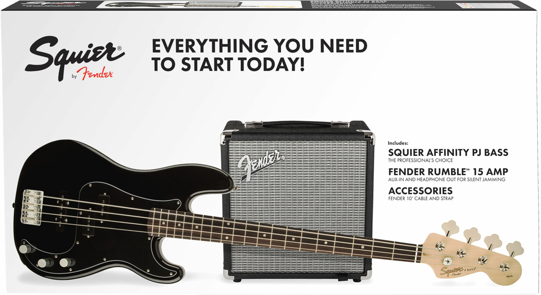 Squier Precision Bass Pj Affinity Series +fender Rumble 15 V3 Uk Lau - Black - Elektrische bas set - Main picture