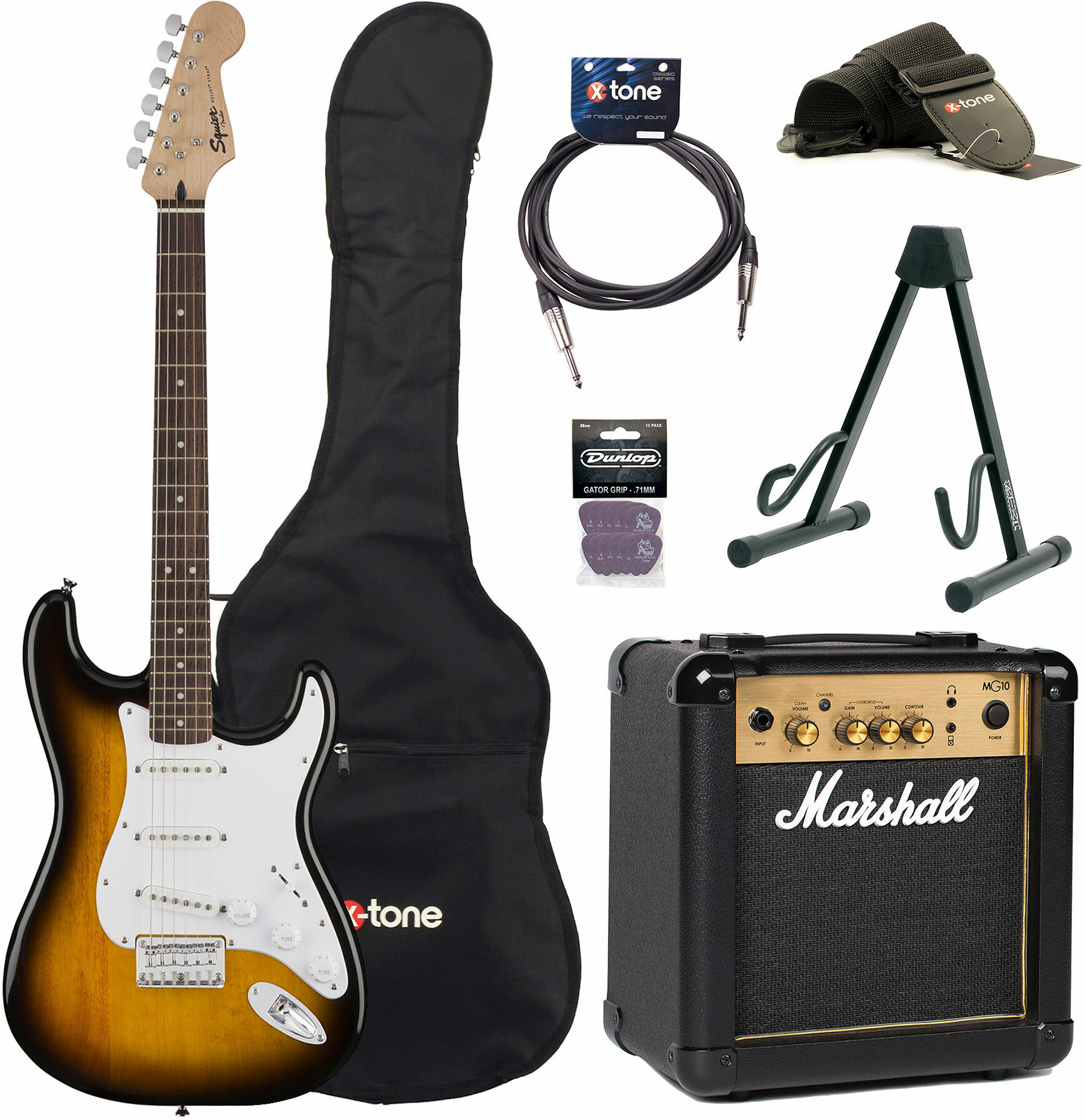 Squier Strat Bullet Ht Sss + Marshall Mg10g + Access X-tone - Brown Sunburst - Elektrische gitaar set - Main picture