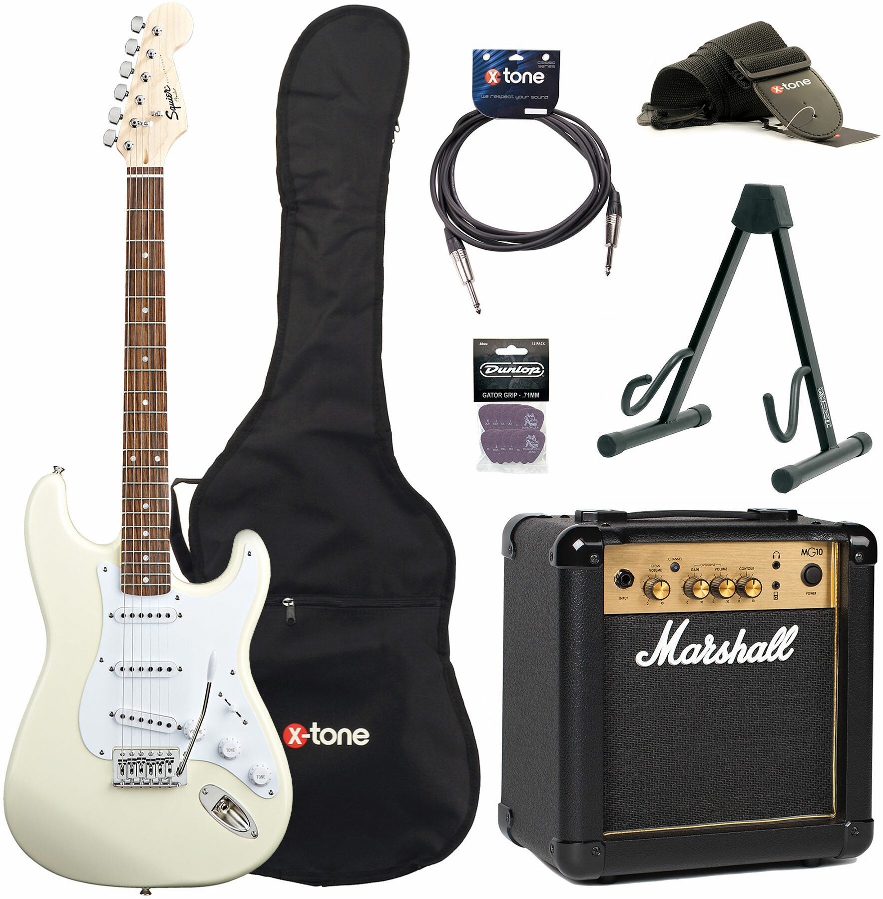Squier Strat Bullet Sss + Marshall Mg10g + Access X-tone - Arctic White - Elektrische gitaar set - Main picture