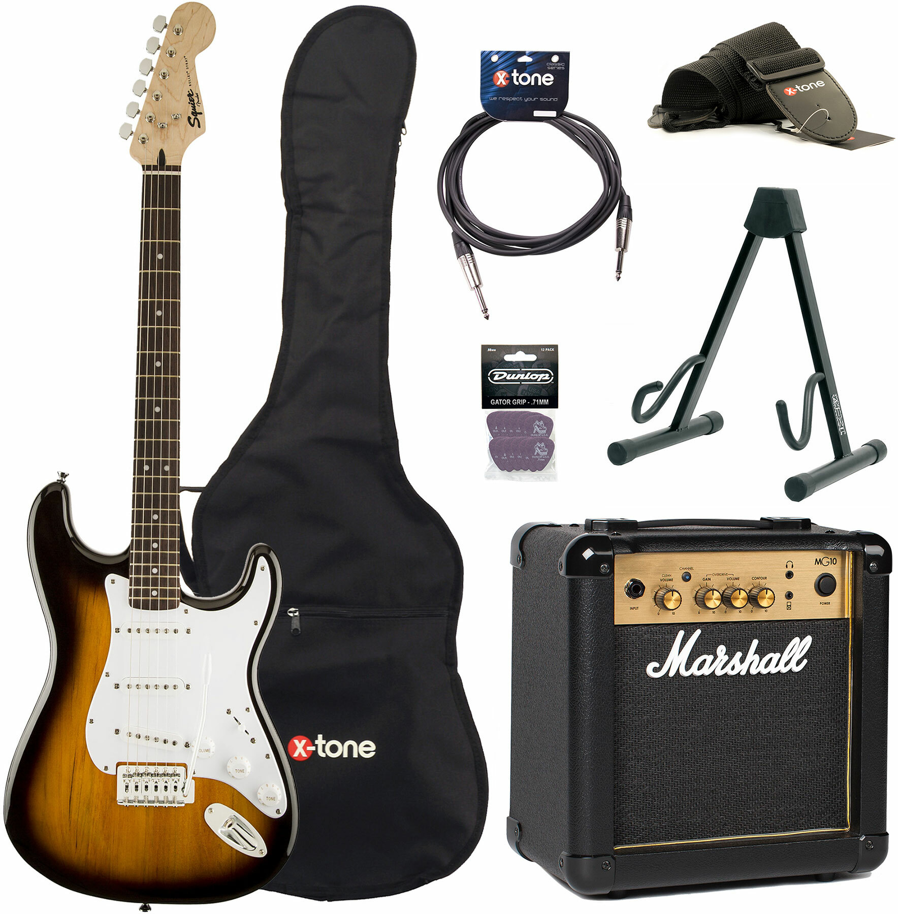 Squier Strat Bullet Sss + Marshall Mg10g + Access X-tone - Brown Sunburst - Elektrische gitaar set - Main picture