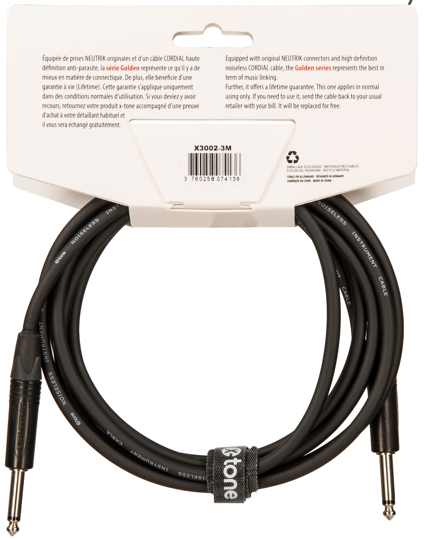 X-tone X3002-3m Instrument Cable Golden Series Neutrik Droit/droit 3m - Kabel - Variation 1