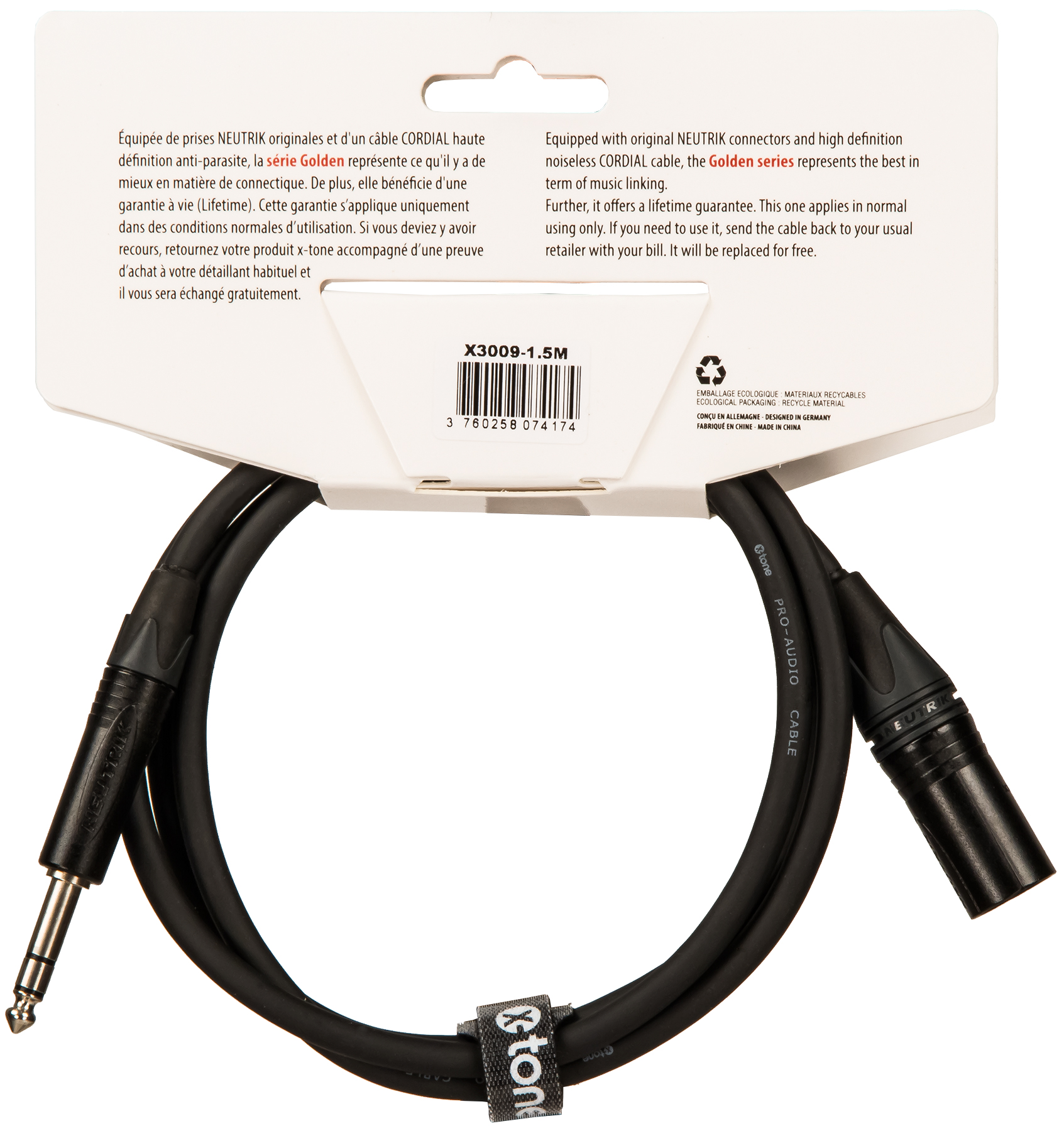 X-tone X3009-1.5m Cable Golden Series Neutrik Xlr(m) / Jack(m) 6,35 Trs - Kabel - Variation 1