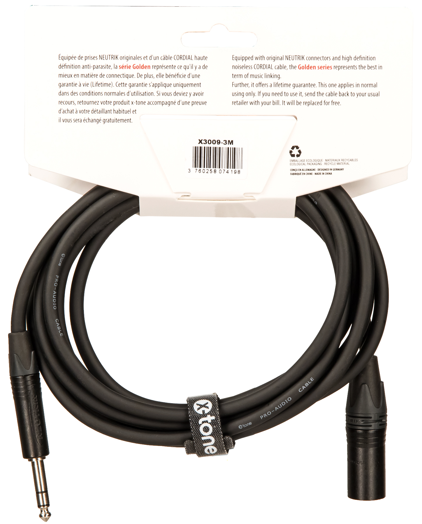 X-tone X3009-3m Cable Golden Series Neutrik Xlr(m) / Jack(m) 6,35 Trs - Kabel - Variation 1
